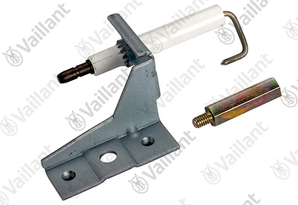 Vaillant Elektrode mit Halterung, einem weißen Oberteil und einem metallischen Anschluss, umgeben von einer metallischen Befestigung und einem weiteren Verbindungselement.